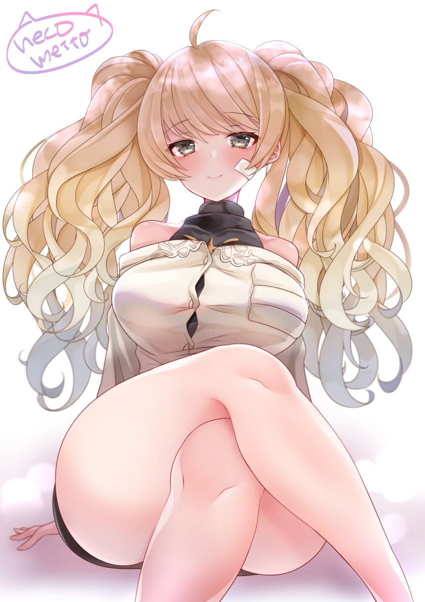1girl, ahoge, bandaid, bandaid_on_face, bare_legs, bare_shoulders, blonde_hair, blush, breasts, crossed_legs, eyebrows_visible_through_hair, eyes, granblue_fantasy, highres, large_breasts, long_hair, looking_at_viewer, meito_harmren, monica_weisswind, sitting, smile, solo, thighs, twintails, wavy_hair, yellow_eyes