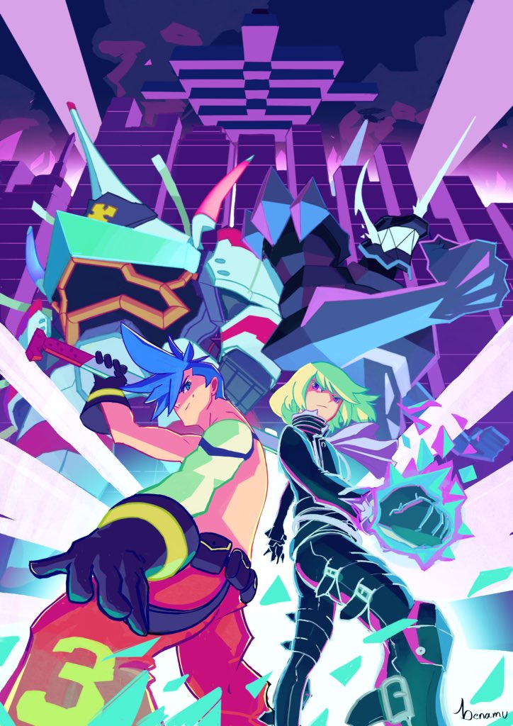 2boys, benamu, blue_fire, blue_hair, colorful, cravat, dual_persona, fire