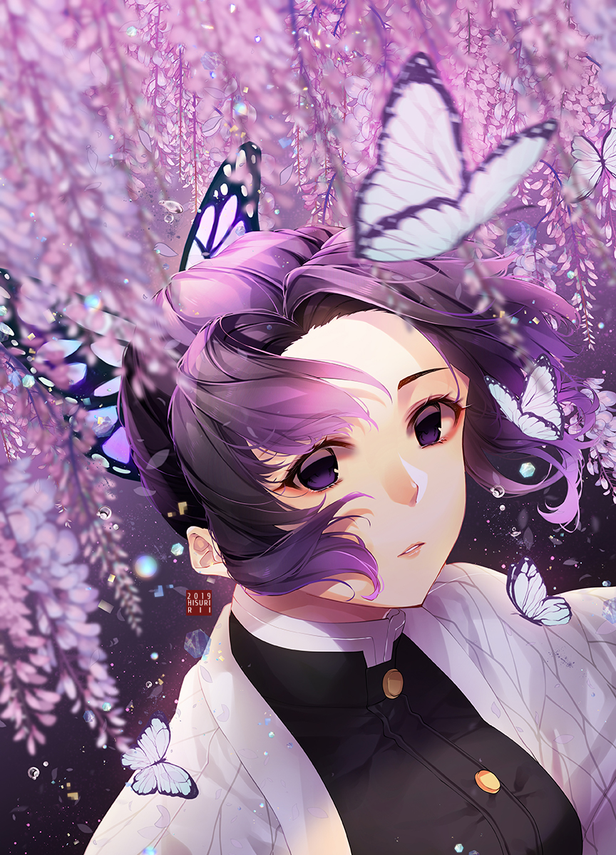 1girl, black_jacket, bug, butterfly, butterfly_hair_ornament, floating_hair, flower, gradient_hair