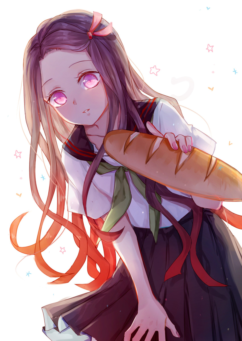 1girl, black_sailor_collar, black_skirt, bread, brown_hair, collarbone, collared_shirt, floating_hair