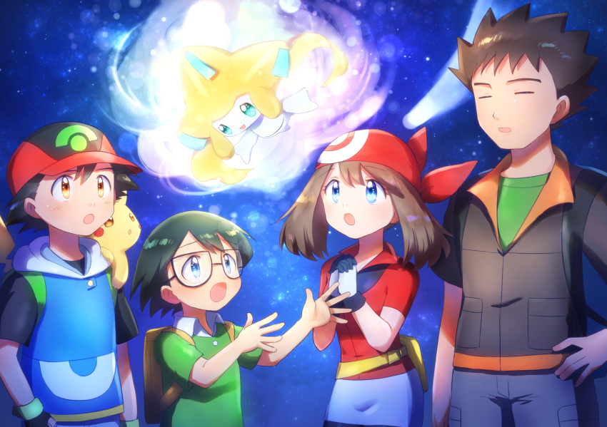 1girl, 3boys, :d, baseball_cap, black_hair, black_shirt, blue_eyes, blue_jacket