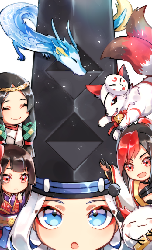 2boys, 2girls, abe_no_seimei_(onmyoji), animal, blue_eyes, dragon, hat, kagura_(onmyoji)