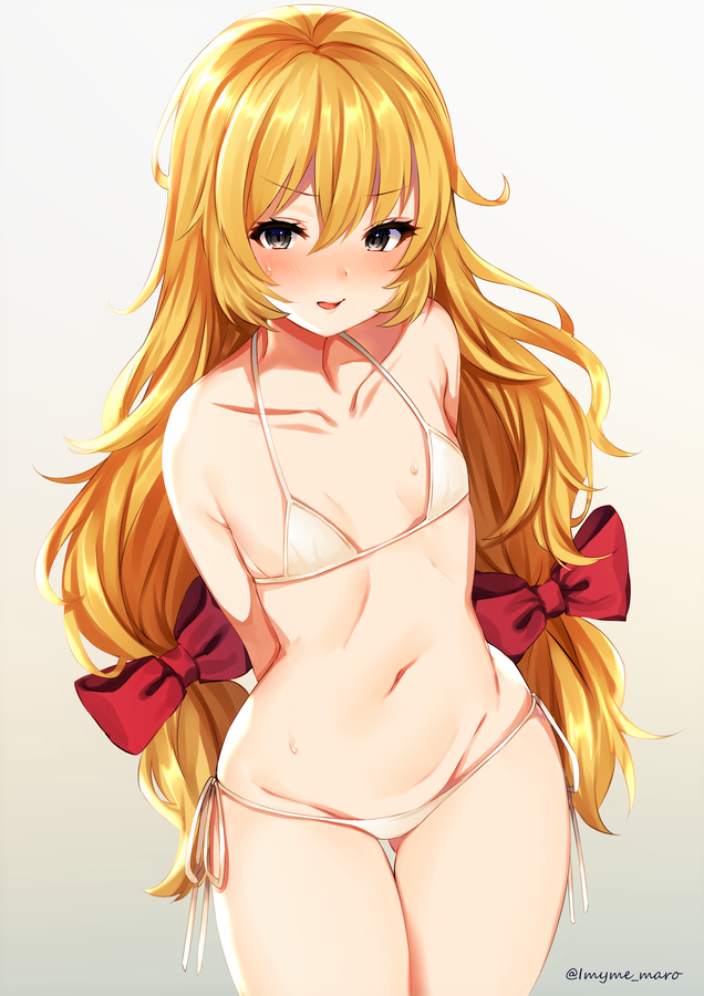1girl, alternate_costume, arms_behind_back, ass_visible_through_thighs, bangs, beryl_benito, bikini, blonde_hair