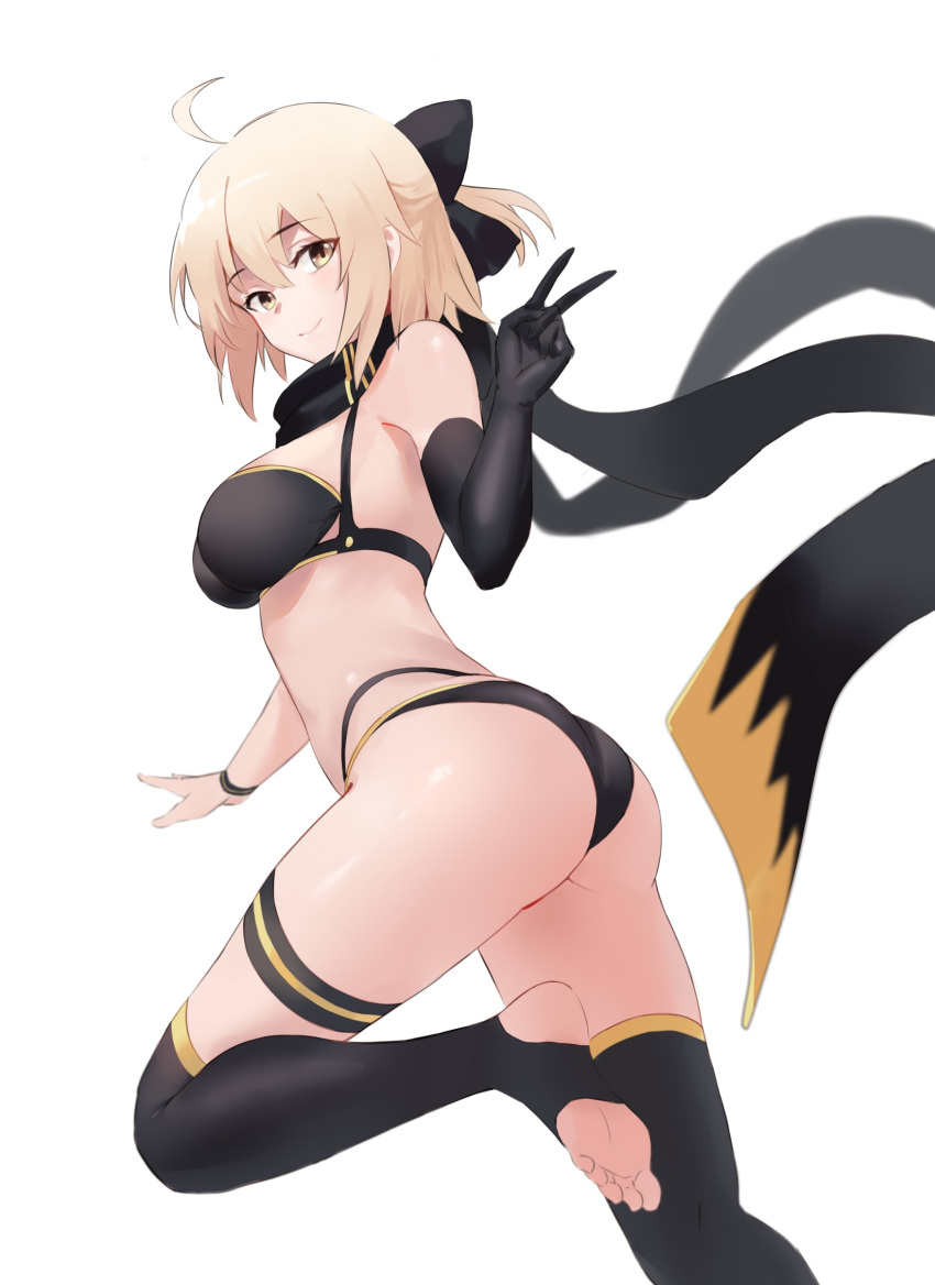 1girl, absurdres, ahoge, ass, bare_shoulders, bikini, black_bikini, black_bow