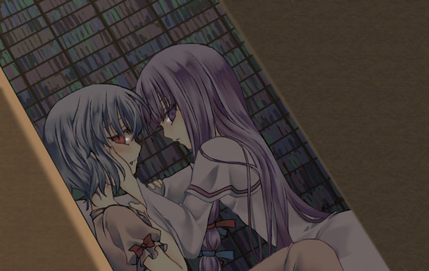 2girls, izana_minagi, library, multiple_girls, patchouli_knowledge, remilia_scarlet, touhou, voile