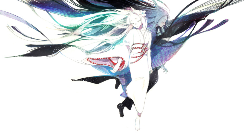 2girls, arms_at_sides, barefoot, closed_mouth, facing_viewer, floating, floating_hair, flower, full_body, h2so4kancel, hair_flower, hair_ornament, highres, hinata_(mushishi), hiyori_(mushishi), japanese_clothes, kimono, long_hair, long_sleeves, multiple_girls, mushishi, obi, profile, sash, siblings, simple_background, sisters, striped, striped_kimono, twins, very_long_hair, white_background, white_hair, white_kimono, white_skin