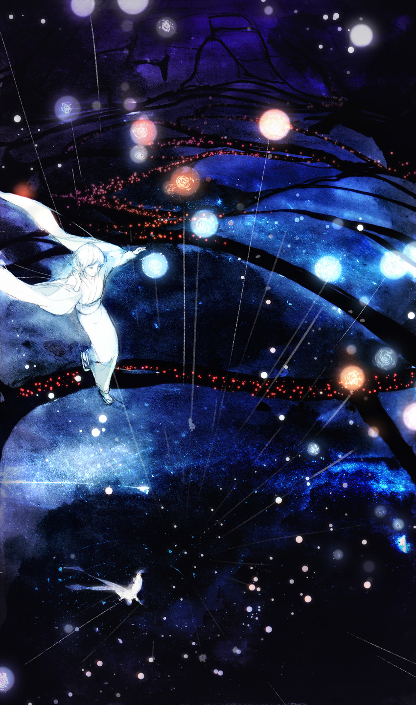 1girl, entangled, from_above, fuki_(mushishi), geta, glowing, h2so4kancel, hand_up