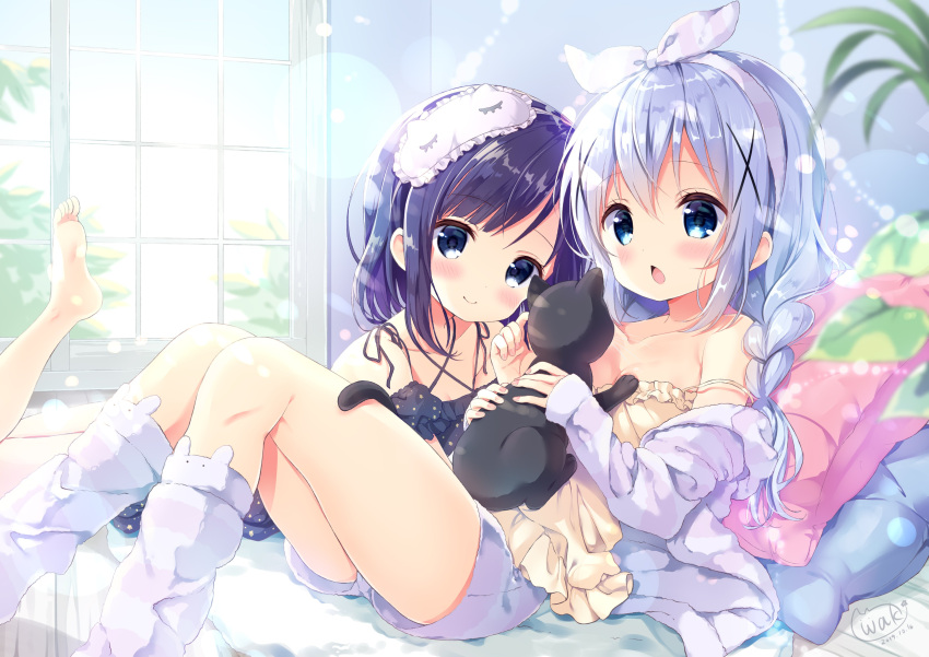 2girls, absurdres, animal, bangs, bare_shoulders, barefoot, black_cat, blue_eyes
