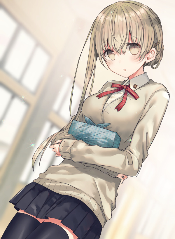 1girl, asymmetrical_hair, bangs, black_legwear, black_skirt, blurry, blurry_background, blush