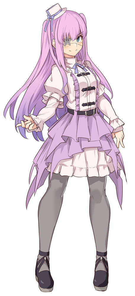 1girl, belt, black_belt, black_footwear, black_legwear, blue_eyes, breasts, commentary_request, eyebrows_visible_through_hair, eyepatch, fate_(series), full_body, hat, long_hair, long_sleeves, lord_el-melloi_ii_case_files, medium_breasts, pantyhose, pink_hair, pink_ribbon, pink_skirt, puffy_sleeves, ribbon, shiseki_hirame, shoes, skirt, smile, solo, white_headwear, white_skirt, yvette_l._lehrman