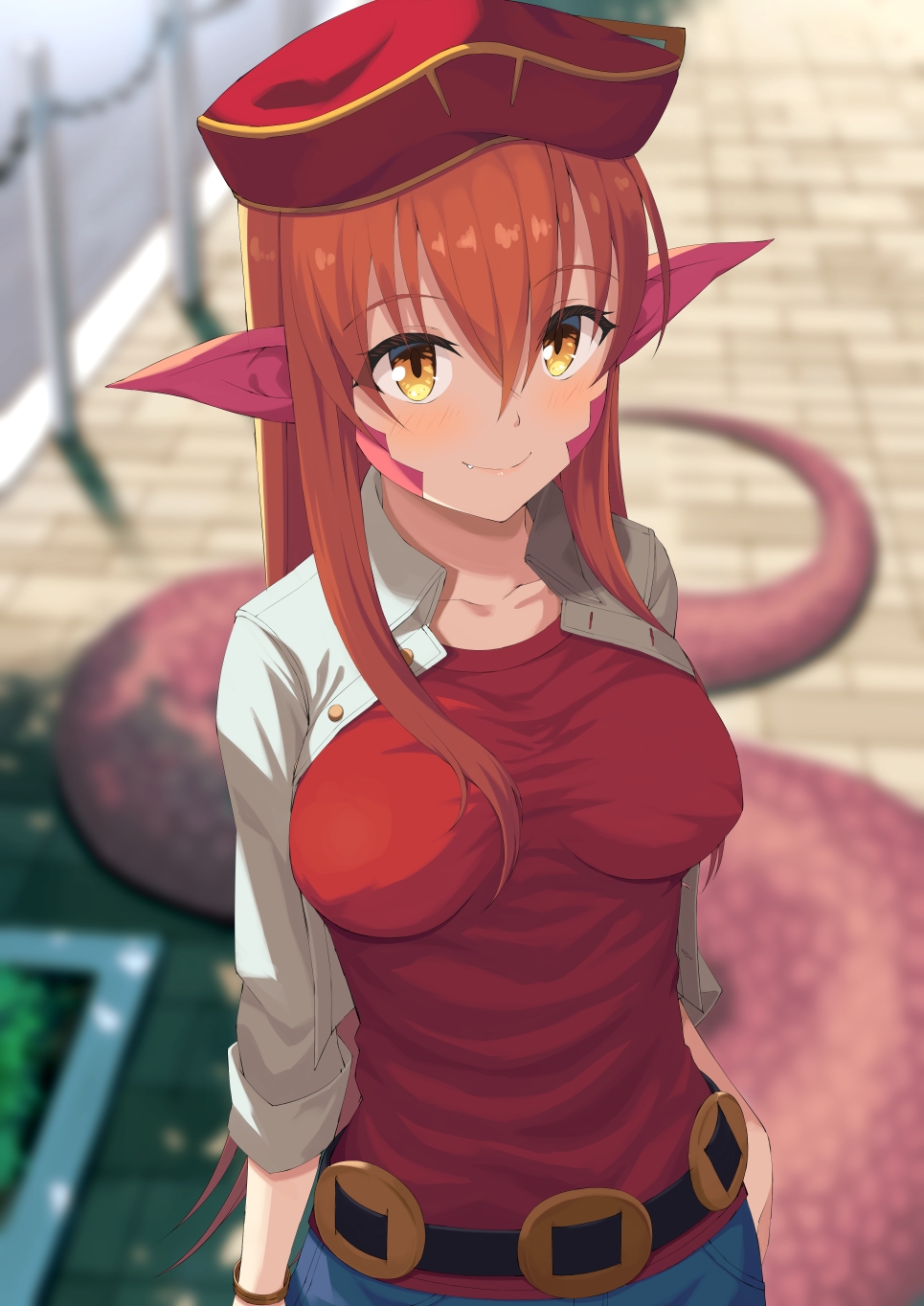 1girl, atsuyah0310, bangs, belt, blurry, blurry_background, blush, bracelet