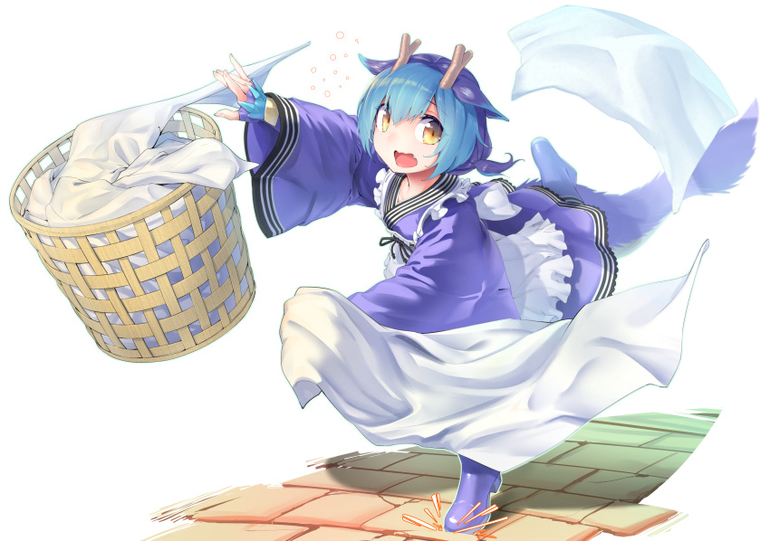 1girl, absurdres, apron, artist_request, bed_sheet, blue_hair, dragon_girl, dragon_horns, dragon_tail, dragonmaid_laudry, duel_monster, fang, fingerless_gloves, gloves, highres, horns, laundry, laundry_basket, maid, open_mouth, solo, tail, tripping, yellow_eyes, yuu-gi-ou