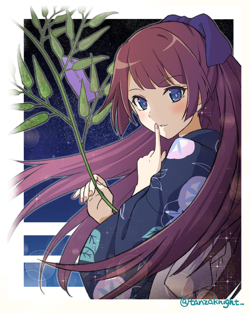 1girl, bakemonogatari, bangs, blue_eyes, blue_kimono, blush, border, bow