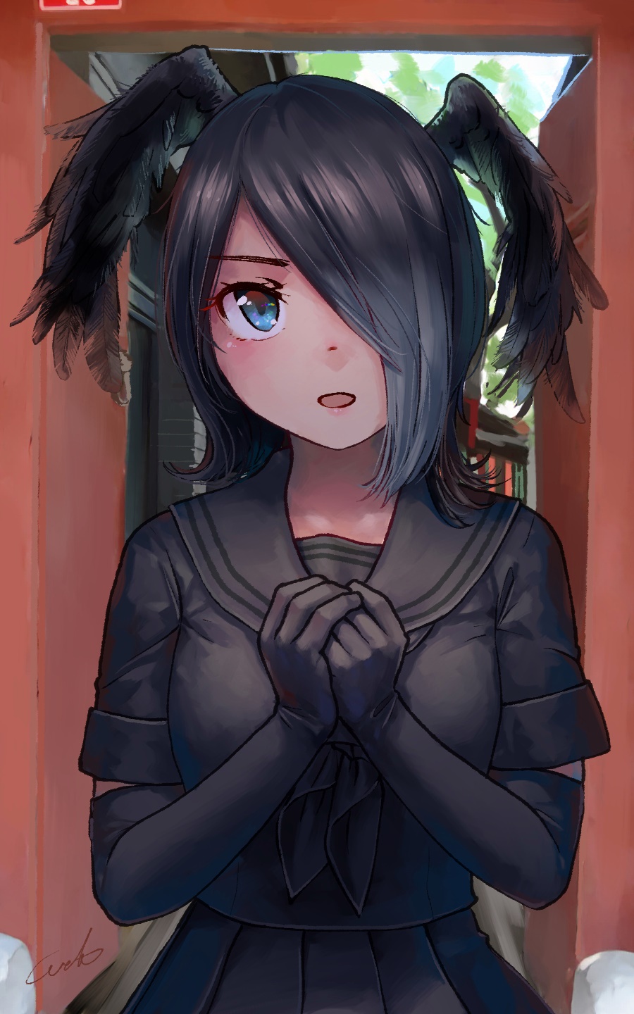 1girl, bangs, bird_wings, black_gloves, black_hair, black_neckwear, black_sailor_collar, black_serafuku