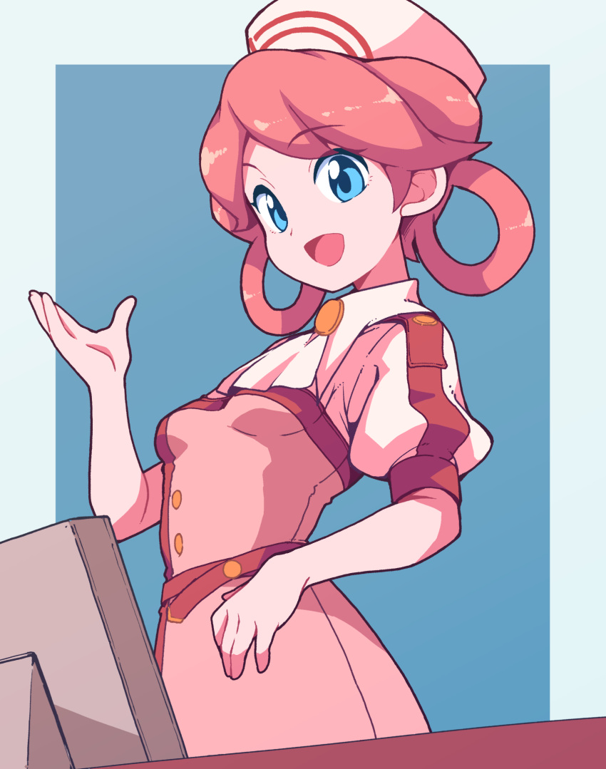 1girl, blue_background, blue_eyes, cravat, curti_(pokemon), dress, employee_uniform, hat, highres, juliet_sleeves, long_sleeves, nazonazo_(nazonazot), nurse_cap, open_mouth, pink_hair, pokemon, pokemon_(game), pokemon_masters, puffy_sleeves, simple_background, smile, twintails, uniform
