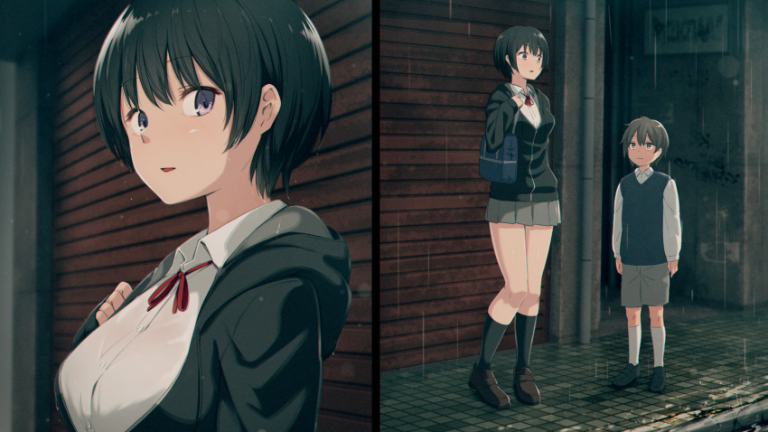 1boy, 1girl, age_difference, bag, black_footwear, black_hair, black_jacket, black_legwear, bob_cut, brown_footwear, brown_hair, close-up, collared_shirt, commentary_request, dress_shirt, eyebrows_visible_through_hair, full_body, garage, grey_shorts, hair_between_eyes, highres, jacket, kemuri_haku, loafers, long_sleeves, looking_at_another, looking_at_viewer, looking_up, multiple_views, neck_ribbon, open_mouth, original, outdoors, overhead_door, rain, red_ribbon, ribbon, school_uniform, shirt, shoes, short_hair, shorts, shoulder_bag, sidewalk, socks, sweater_vest, violet_eyes, white_legwear, white_shirt