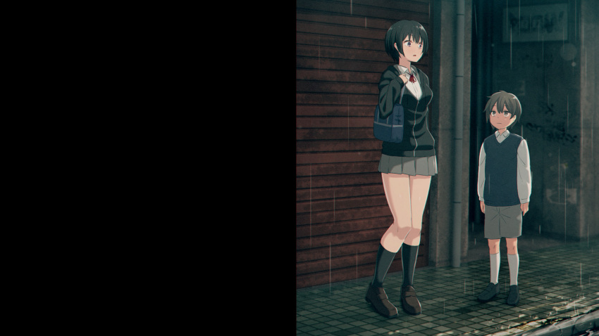1boy, 1girl, age_difference, bag, black_footwear, black_hair, black_jacket, black_legwear