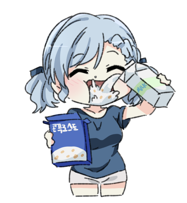 1girl, blush, breasts, cereal_box, chibi, closed_eyes, girls_frontline, holding
