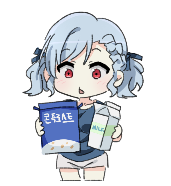 1girl, blush, cereal_box, chibi, commentary_request, girls_frontline, holding, milk_carton, red_eyes, shirt, short_hair, sidarim, silver_hair, simple_background, solo, spas-12_(girls_frontline), twintails, white_background