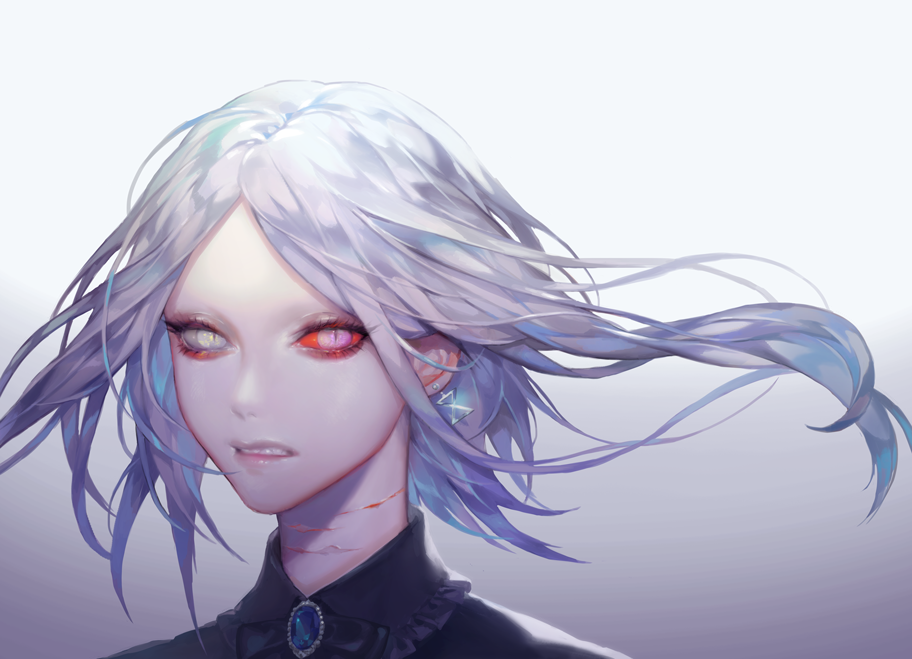 androgynous, brooch, earrings, gem, gradient, gradient_background, heterochromia, injury, jewelry, looking_at_viewer, medium_hair, ohayosayonara, original, parted_lips, pink_eyes, portrait, red_sclera, scratches, solo, white_hair