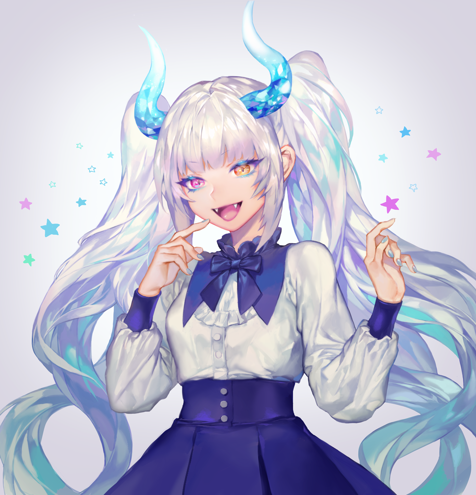 1girl, blue_hair, blue_horns, blue_nails, blue_skirt, fangs, gradient, gradient_background