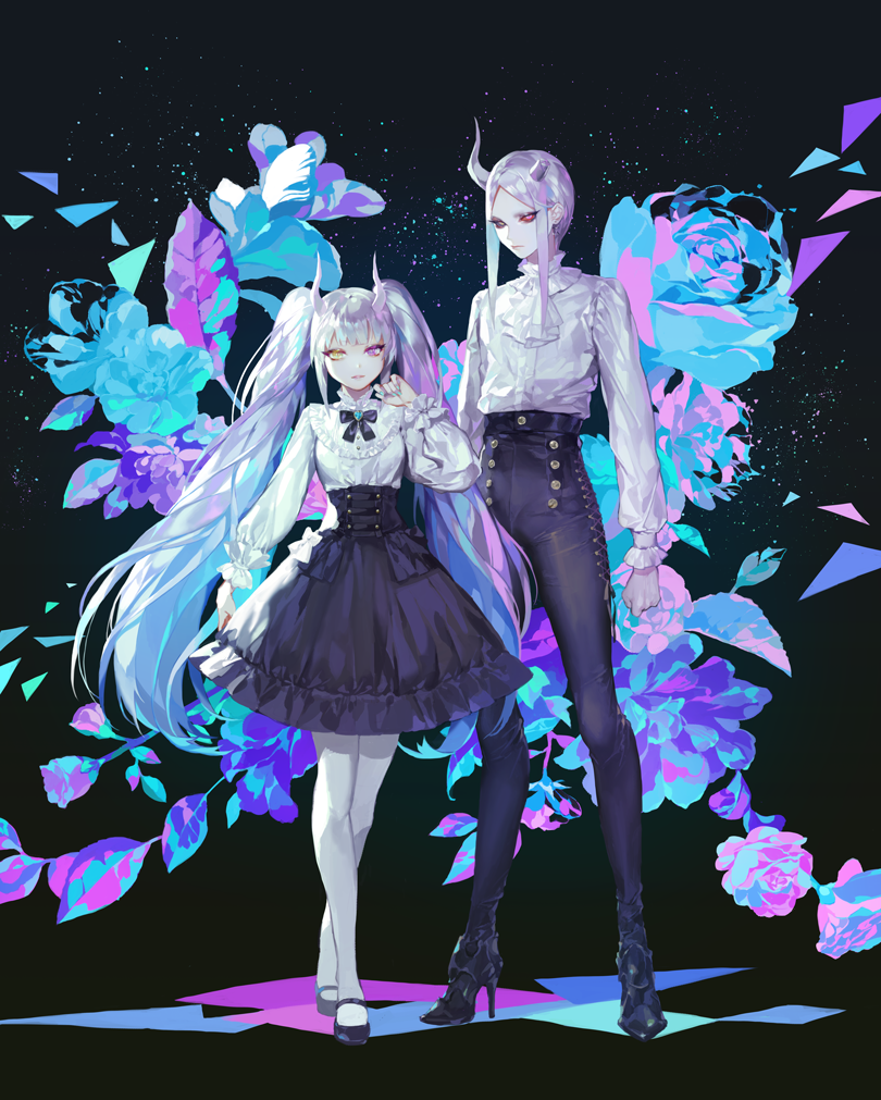 1boy, 1girl, belt, black_background, black_bow, black_dress, black_footwear, black_pants, bow, broken_horn, brother_and_sister, clenched_hand, cravat, dark_background, dress, flower, frills, heterochromia, high_heels, horns, long_hair, long_legs, longsleeves, looking_at_viewer, ohayosayonara, original, pale_skin, pants, pantyhose, red_eyes, siblings, sidelocks, standing, twintails, very_long_hair, violet_eyes, white_hair, yellow_eyes