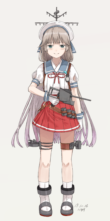 1girl, adapted_turret, blue_sailor_collar, full_body, gloves, green_eyes, grey_background, grey_hair