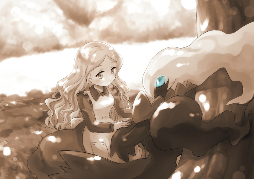 1girl, alicia_(pokemon), apron, blue_eyes, blush, breasts, closed_mouth, dappled_sunlight, darkrai, day, dress, eye_contact, gen_4_pokemon, grass, hands_up, happy, highres, legendary_pokemon, light_blush, long_hair, long_sleeves, looking_at_another, monochrome, outdoors, pokemon, pokemon_(anime), pokemon_(creature), pokemon_m10, sepia, sitting, small_breasts, smile, spot_color, sunlight, tree, yuki56