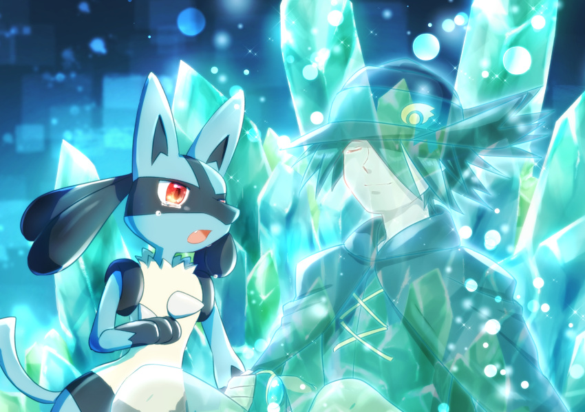 1boy, animal_ears, arlon_(pokemon), bangs, black_cloak, black_hair, black_shirt, blue_background