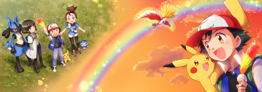 1girl, 2boys, :3, absurdres, animal_ears, arm_up, backpack, bag