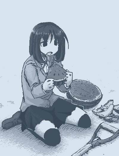 1girl, bangs, black_eyes, black_legwear, black_skirt, blue_theme, eating, food