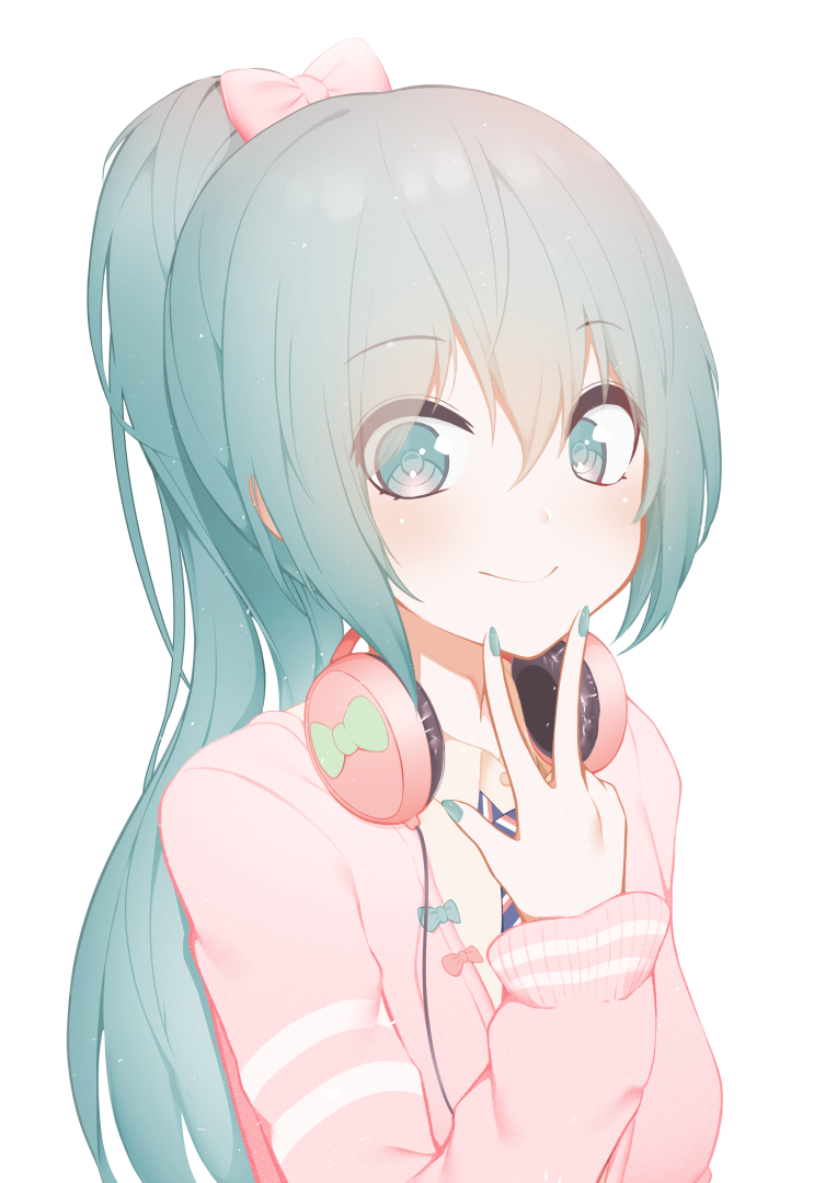 1girl, aqua_eyes, aqua_hair, aqua_nails, beige_shirt, bow, bow_print, cable
