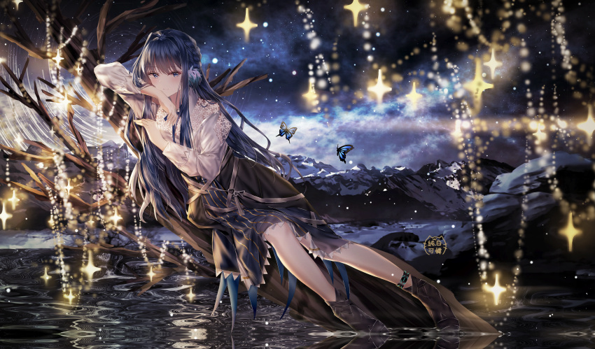 1girl, absurdres, animal, arknights, astesia, bangs, bare_tree, black_footwear, black_skirt, blue_eyes, blue_hair, braid, bug, butterfly, closed_mouth, commentary_request, eyebrows_visible_through_hair, hair_intakes, highres, huge_filesize, insect, junpaku_karen, long_hair, long_sleeves, looking_at_viewer, lying, mountain, night, night_sky, on_side, outdoors, puffy_long_sleeves, puffy_sleeves, reflection, ripples, shirt, signature, skirt, sky, smile, snow, solo, sparkle, star_(sky), starry_sky, striped, tree, vertical_stripes, very_long_hair, water, white_shirt