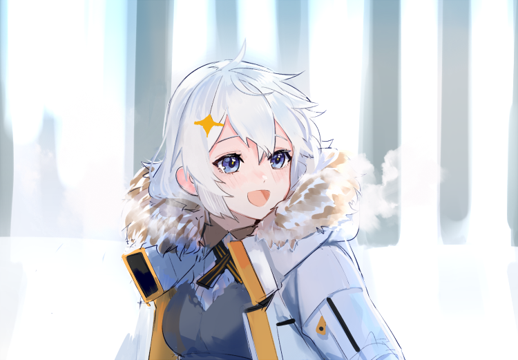 1girl, black_dress, blue_eyes, breasts, coat, commentary, dress, fur-trimmed_coat