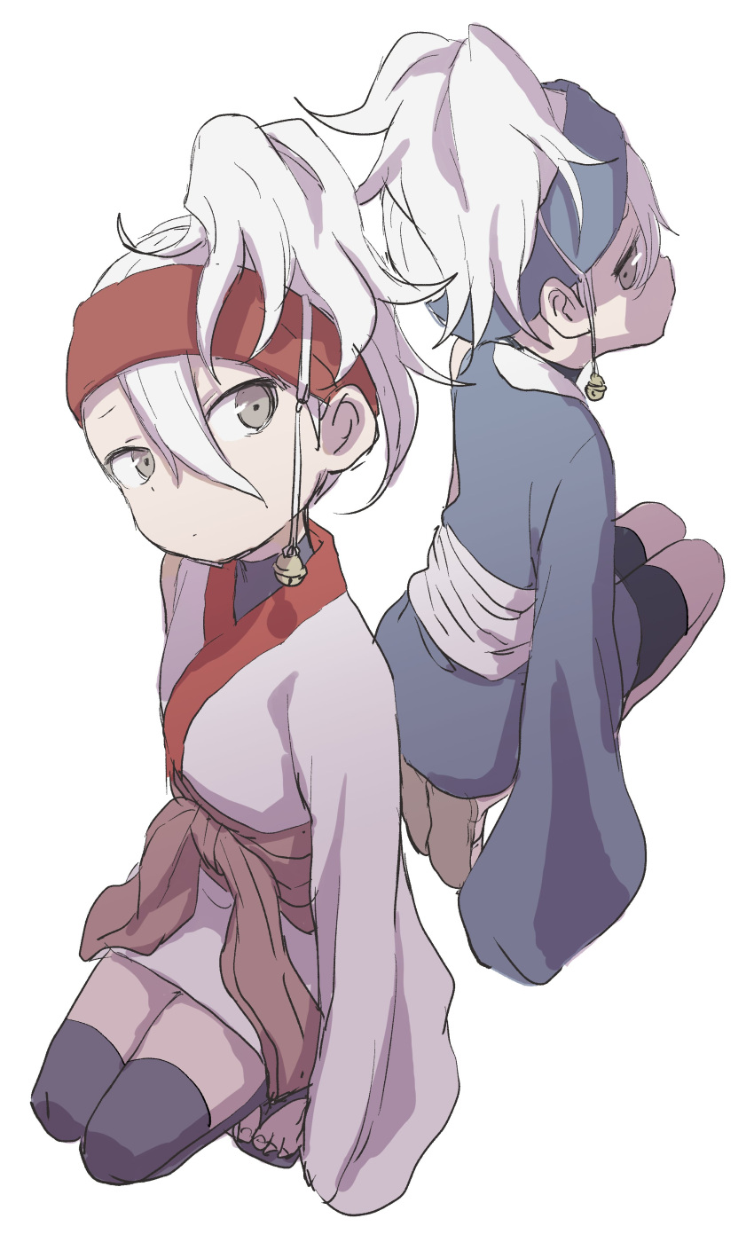 2girls, absurdres, bangs, bell, black_footwear, black_legwear, blue_headband, blue_kimono, bridal_legwear, brown_footwear, closed_mouth, commentary_request, grey_eyes, grey_kimono, hair_bell, hair_between_eyes, hair_ornament, headband, highres, japanese_clothes, jingle_bell, kikyou_(kunoichi_tsubaki_no_mune_no_uchi), kimono, kunoichi_tsubaki_no_mune_no_uchi, long_sleeves, looking_at_viewer, multiple_girls, obi, official_art, red_headband, sash, shoe_soles, simple_background, single_sleeve, sleeves_past_fingers, sleeves_past_wrists, uikyou_(kunoichi_tsubaki_no_mune_no_uchi), white_background, white_hair, yamamoto_souichirou