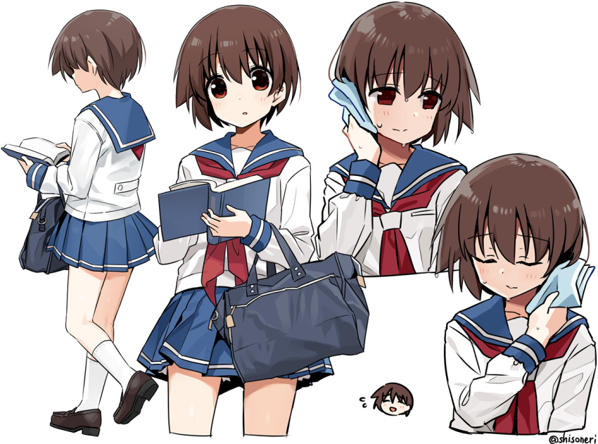 1girl, bag, bangs, black_footwear, blouse, blue_skirt, blush, book