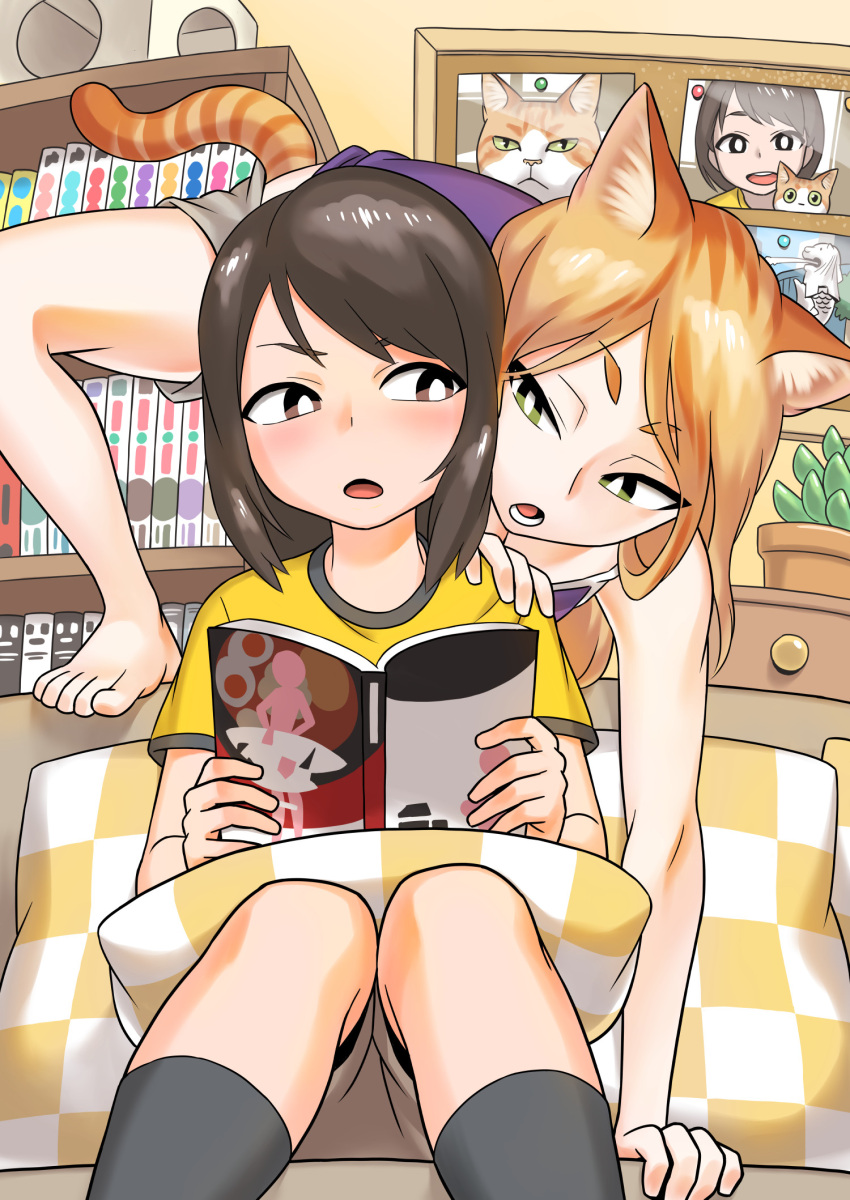 2girls, animal_ears, bangs, barefoot, black_legwear, blonde_hair, blush, book