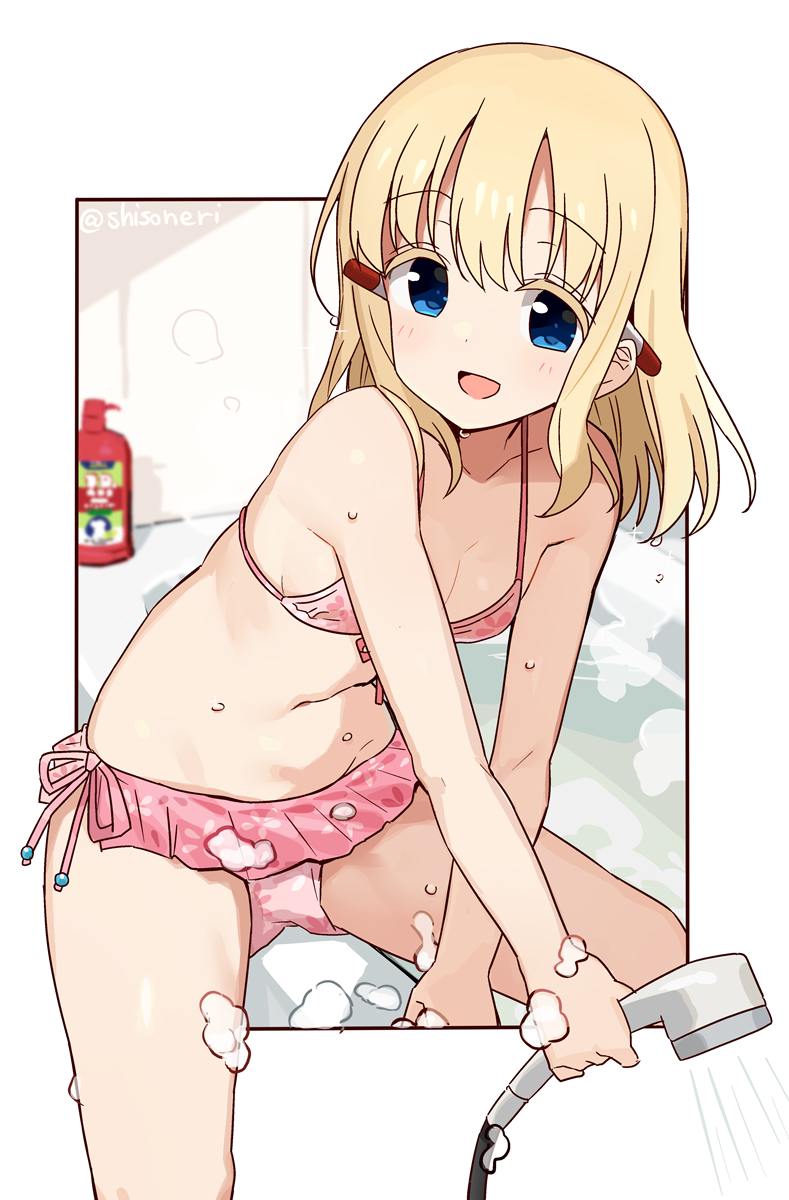 1girl, aislinn_wishart, bathroom, bathtub, behind_ear, bikini, bikini_skirt, black_border, blonde_hair, blue_eyes, blurry, blurry_background, blush, border, breasts, cute, depth_of_field, eyebrows_visible_through_hair, faucet, frilled_bikini, frills, front-tie_bikini, front-tie_top, highres, holding, leaning_forward, looking_at_viewer, navel, open_mouth, outside_border, pen, pink_bikini, saki, shisoneri, short_hair, side-tie_bikini, sitting, small_breasts, smile, soap_bubbles, solo, swimsuit, twitter_username