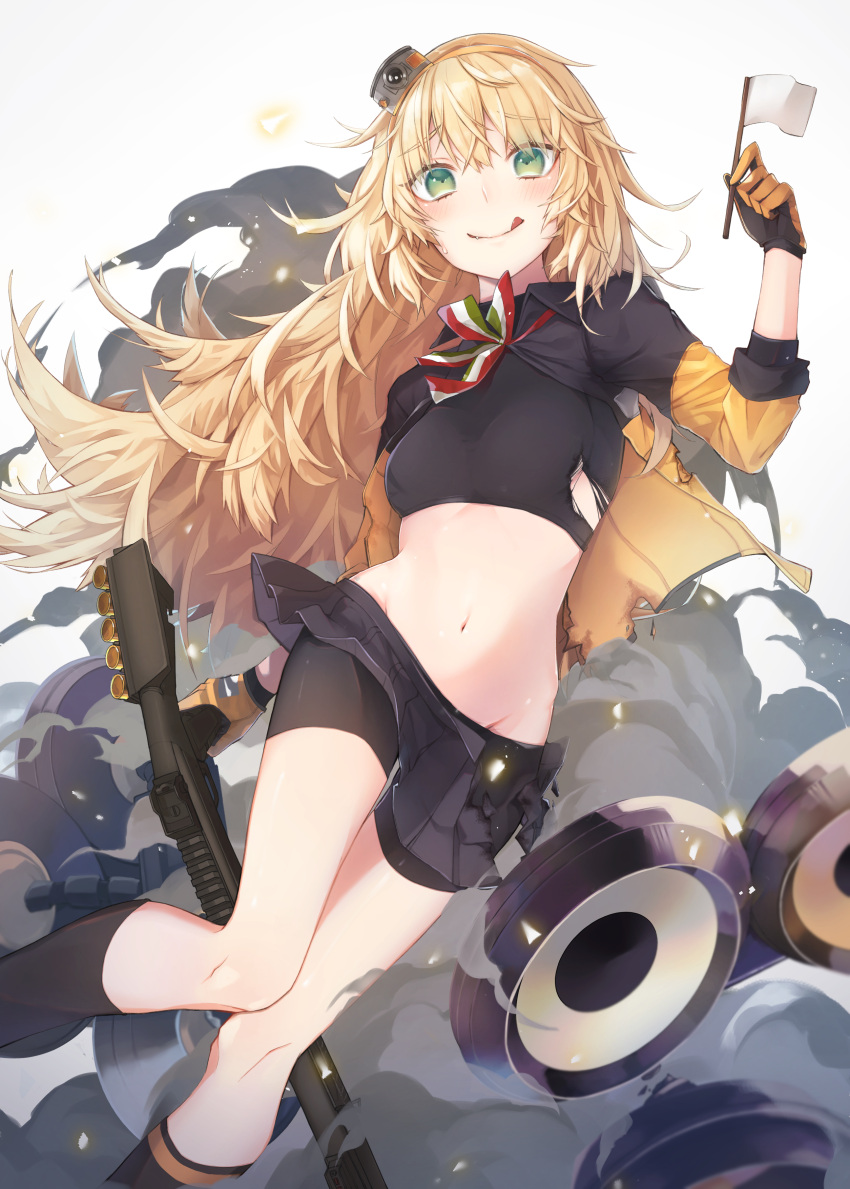 1girl, :q, absurdres, bike_shorts, blonde_hair, blush, commentary_request, fang