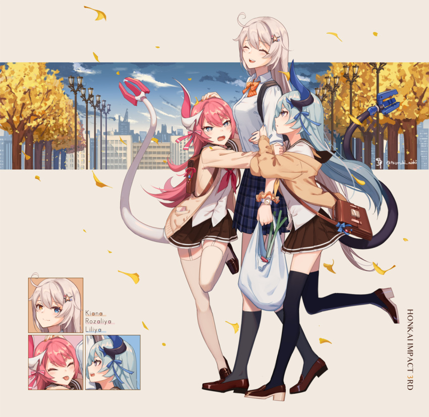3girls, :d, ^_^, ahoge, arm_hug, bag, bangs, beige_cardigan