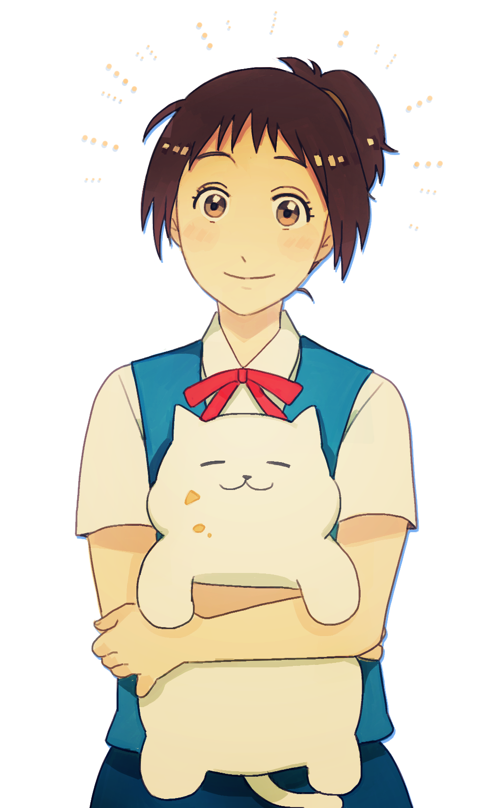 1girl, blue_shirt, blue_skirt, brown_eyes, brown_hair, cat, crumbs, highres