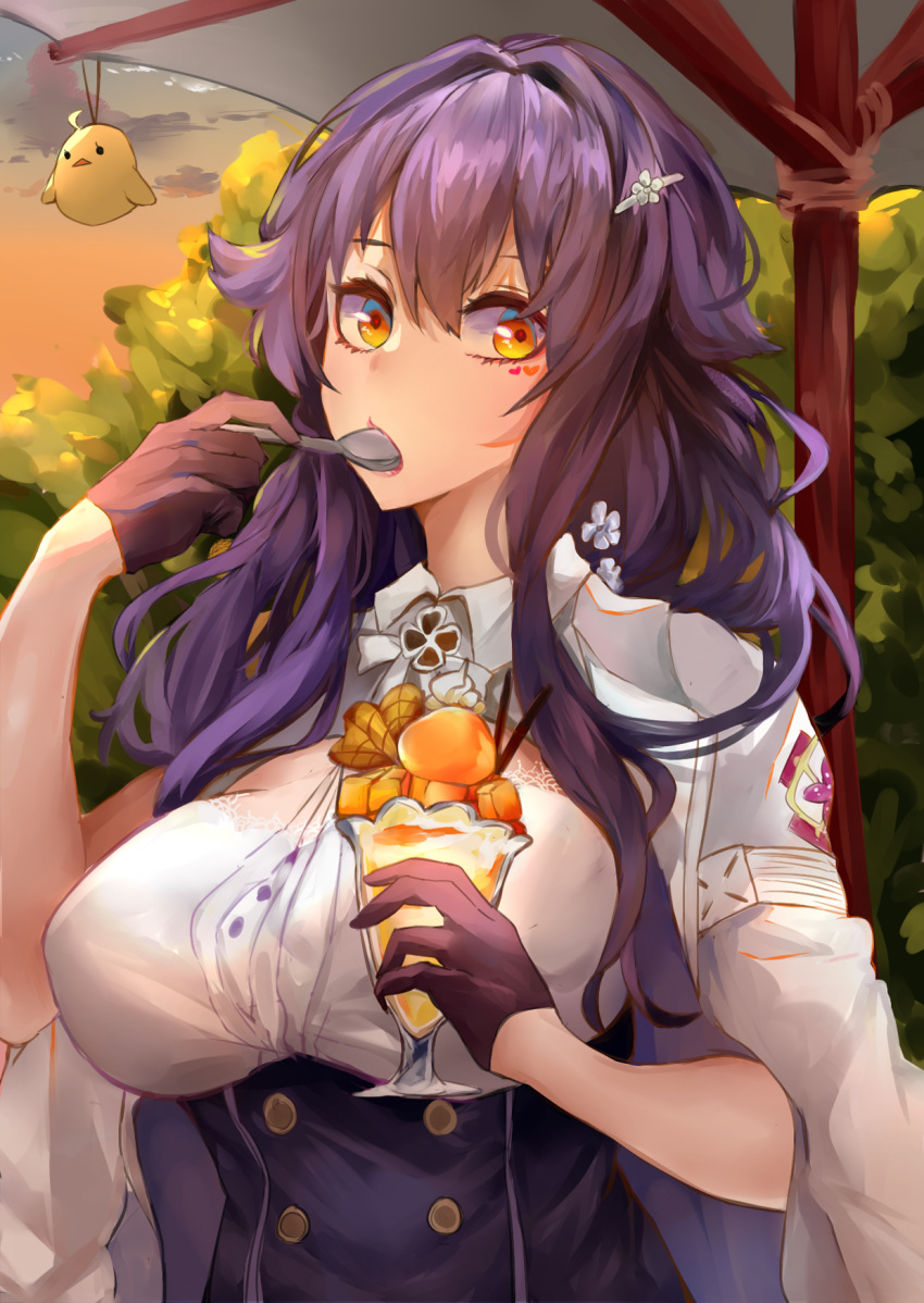 1girl, azuma_(azur_lane), azur_lane, bangs, black_gloves, bra, bra_through_clothes, breasts, buttons, eating, gloves, hair_between_eyes, hair_ornament, hairclip, highres, lace, lace-trimmed_bra, large_breasts, leichi6, long_hair, long_sleeves, looking_at_viewer, outdoors, purple_hair, sidelocks, solo, underwear, yellow_eyes