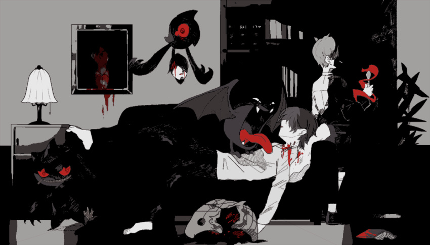 2boys, banette, bangs, barefoot, bite_mark, bleeding, blood, book
