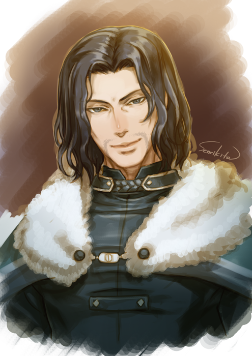 1boy, artist_name, beard, black_hair, blue_eyes, cape, facial_hair, fire_emblem