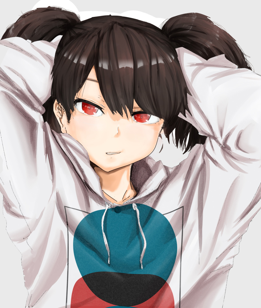 absurdres, brown_hair, character_request, copyright_request, hands_in_hair, highres, hood, hoodie
