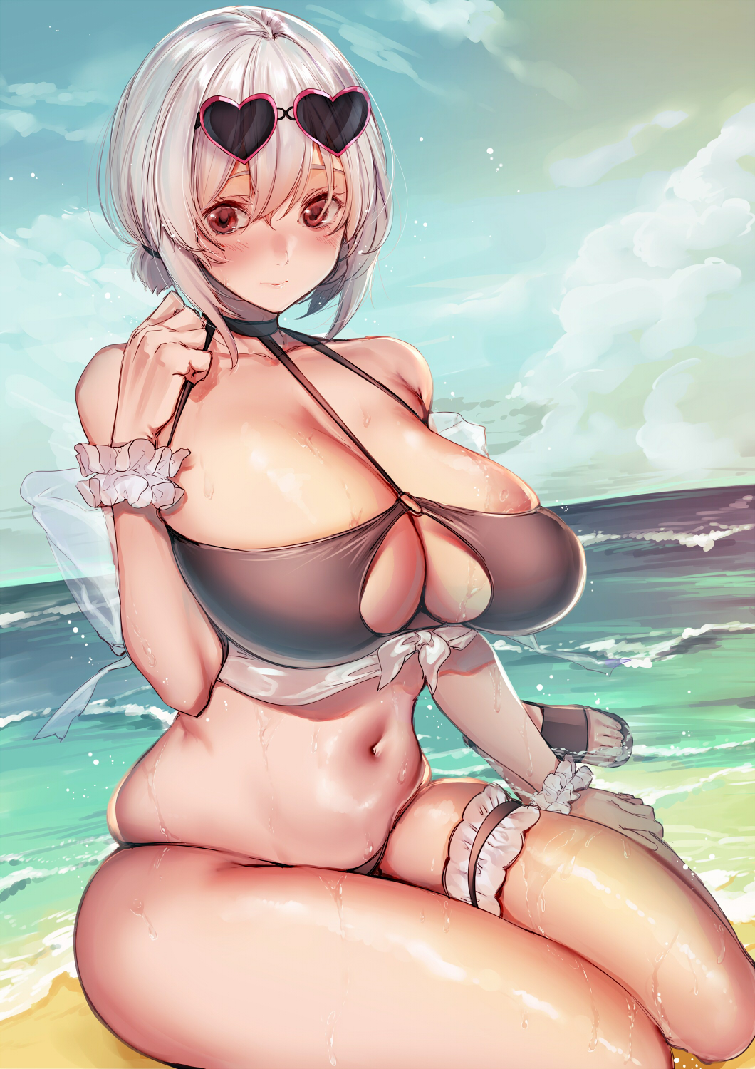1girl, amane_ruri, azur_lane, bangs, bikini, black_bikini, breasts, choker