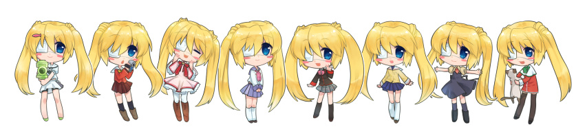 6+girls, air, angel_beats!, blonde_hair, blue_eyes, blue_sailor_collar, blue_skirt, camcorder