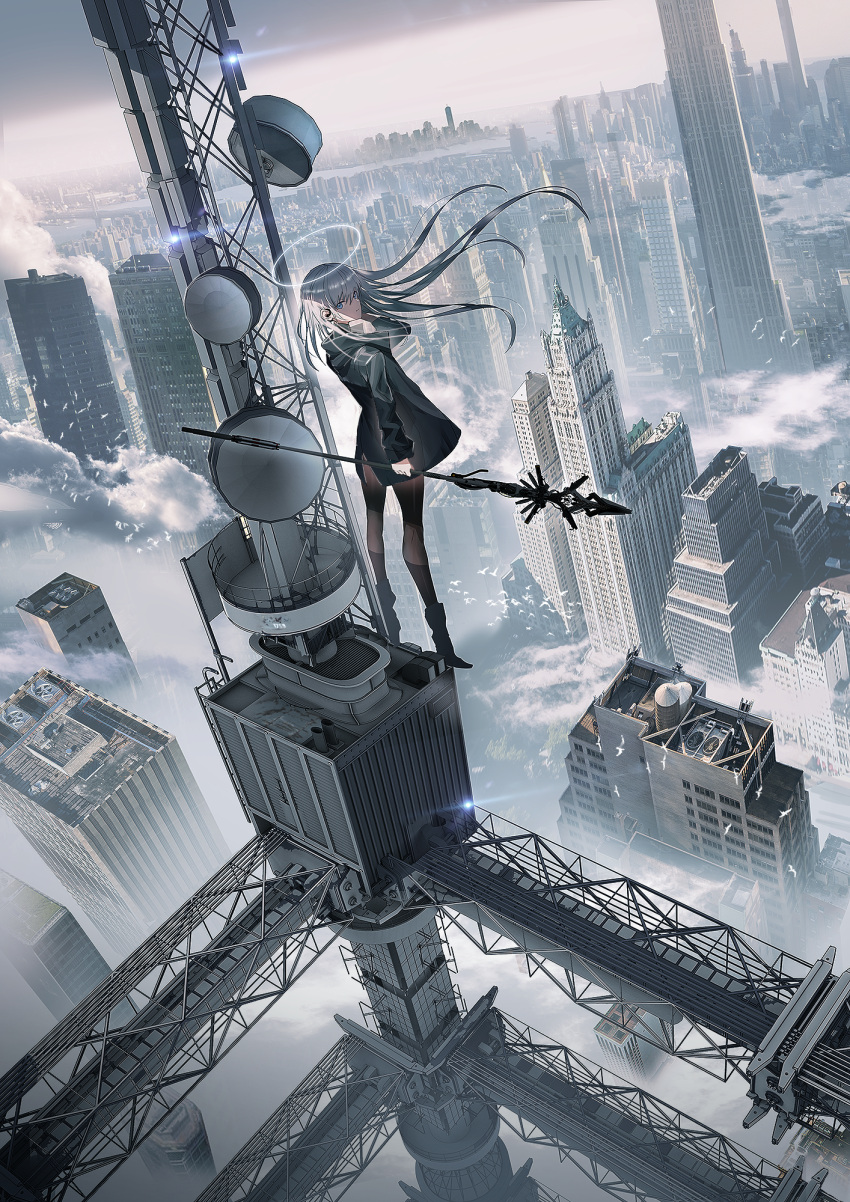 1girl, animal, bangs, bird, black_footwear, black_jacket, blue_eyes, boots