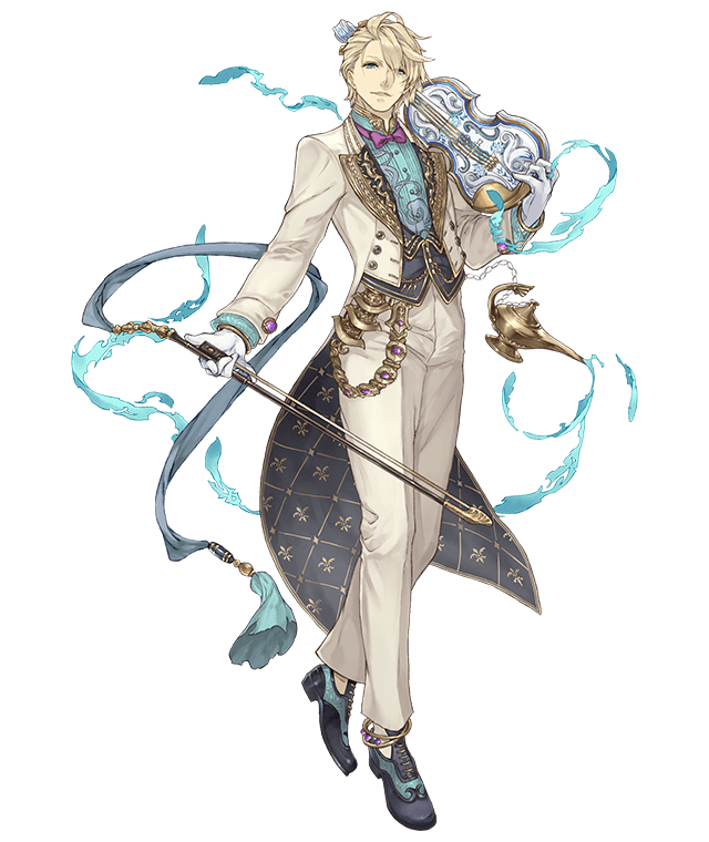 1boy, aladdin_(sinoalice), anklet, blonde_hair, blue_eyes, bow, bow_(instrument), bowtie