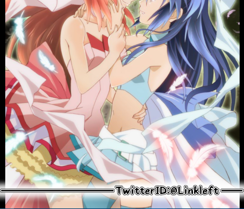 2girls, amou_kanade, bad_id, bad_pixiv_id, breasts, character_request, closed_mouth, commentary_request, dress, groin, kazanari_tsubasa, link_(aa30), long_hair, multiple_girls, senki_zesshou_symphogear, smile, thigh-highs, twitter_username, yuri